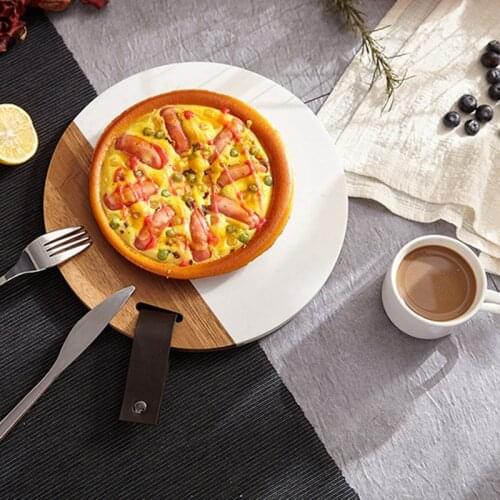 Spliced Natural Solid Wood Service Tray Modern Style Item Display Tray Round Marble Cheese Plate 10 Inch