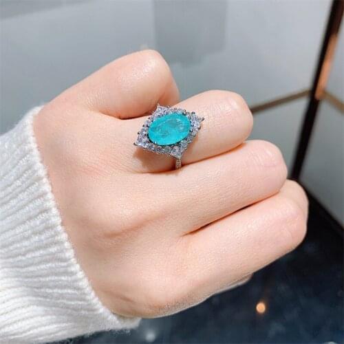 QTT Luxury Ring Female Egg Tourmaline Gemstone Emerald Paraiba Rings Silver Resizable Wedding Engagement Promise Ring Jewelry