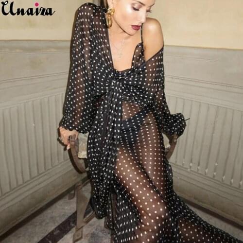 Unaiza 2021 Sleeveless Zip Up Bandage Point Print Mesh See-Through Maxi Dress Sexy Autumn Winter Women Party Club Clothings