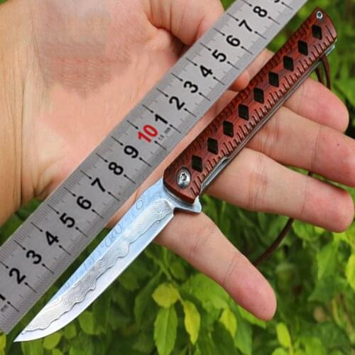 KESIWO Damascus Blade Folding Knife Red Sandalwood Particles Handle Pocket Survival Camp Hunt Outdoor Rescue Gift Fish EDC Tool