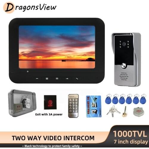 Dragonsview Video Intercom with Lock and Exit Button 7 inch Video Door Phone White Monitor 1000TVL Night Vision Doorbell Camera