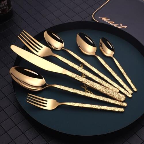 Vintage Western Gold Plated Cutlery 42pcs Dining Knives Forks Teaspoons Set Golden Luxury Dinnerware Engraving Tableware Set
