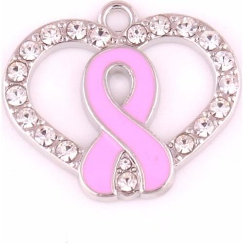 Health alert jewelry Breast Cancer Awareness Pink Enamel Ribbon Bow Crystal Heart Necklace Pendant Charm