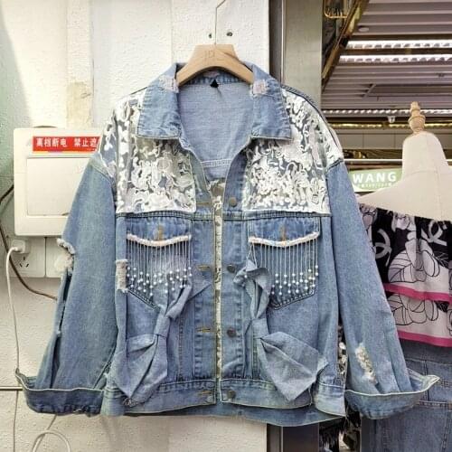Heavy Work Net Yarn Hook Flower Hollow Denim Jacket Autumn Bow Beaded Tassel Hole Jeans Jacket Female Loose Casual Veste Femme
