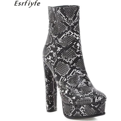 ESRFIYFE New Women Ankle Boots Round Toe Autumn Winter Ladies Snake Pattern Platform Thick High Heels Female Fashion Shoes Woman