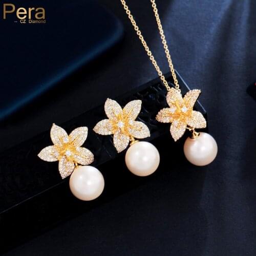 Pera Elegance Yellow Flower and Pearl Pendant CZ Zircon Indian Gold Necklace Earrings Costume Prom Jewelry Sets for Women J464