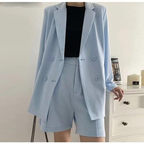 Minimalism set for women Autumn 2 piece set blue Solid blazer,shorts,high waist pants womens costumes suit