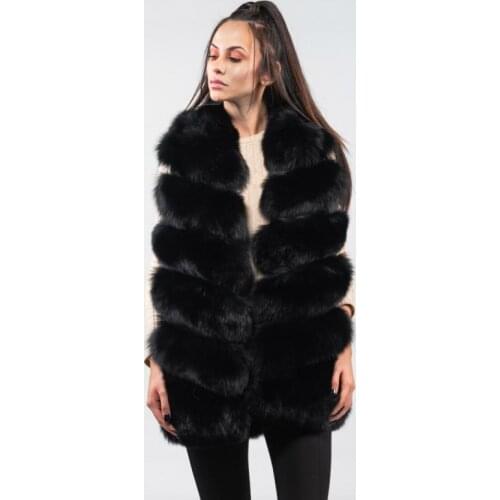 Top Quality Warm Pure Color Black Real Fur Vest Natural Fox Fur Hooded Thickness Manteau Femme Hiver Sleeveless Real Fur Jacket