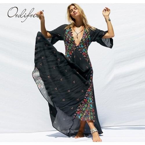 Ordifree 2021 Summer Boho Women Maxi Dress Bohomian Floral Print Long Loose White Dress Robe Femme