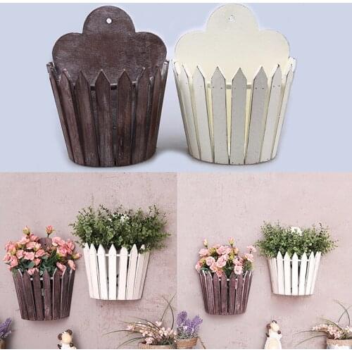 1PC Wooden Fence Artificial Flowers Basket Wall Hanging Decorative Flower Container for Wedding Home Shop Bar Storage Organizer