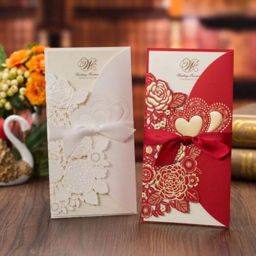 1pc Laser Cut Wedding Invitations Card Rose Love Heart Carved Pattern Greeting Card with Ribbon Wedding Party Valentine Supply
