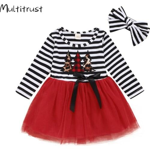 Christmas Clthes 2 Pcs Infant Baby Striped Outfits Long Sleeve Mesh Patchwork Embroidery Dress Bow Headband 2pcs