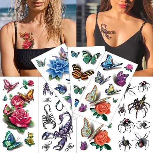 1 piece 3D temporary tattoo stickers Scorpion Spider bee Waterproof 3D Tattoos Flower butterfly watercolor body tattoo for women