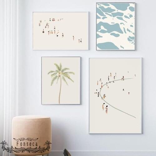 Cartoon Abstract Sea Waves Palm Tree Canvas Painting Minimalist Seaside Beach People Poster Decorative Pictures for Living Room