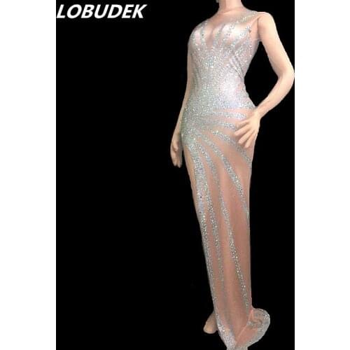 Sparkly Colorful Rhinestones Long Dress Sexy Stretch Skinny Trailing Dress Prom Party One Piece Dresses Female Singer DS Costume