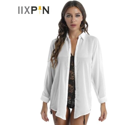 Women Wetlook Hot Swimsuit Beachwear Transparent Button Down Chiffon Shirt Long Sleeve Blouse with Low Waist G-string Underpants