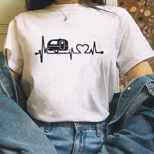 Happy camper heartbea Printed Tshirt Women Tops funny Black White Short Sleeve Summer Casual Plus Size Harajuku 0-neck T Shirts