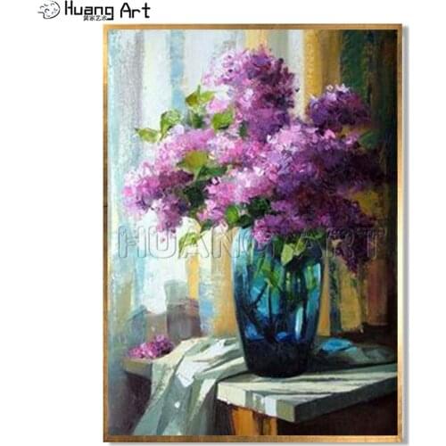 Impression Purple Flower Oil Painting for Bed Room Wall Decor 100% Hand-painted Violet Flower Vase Oil Painting on Canvas
