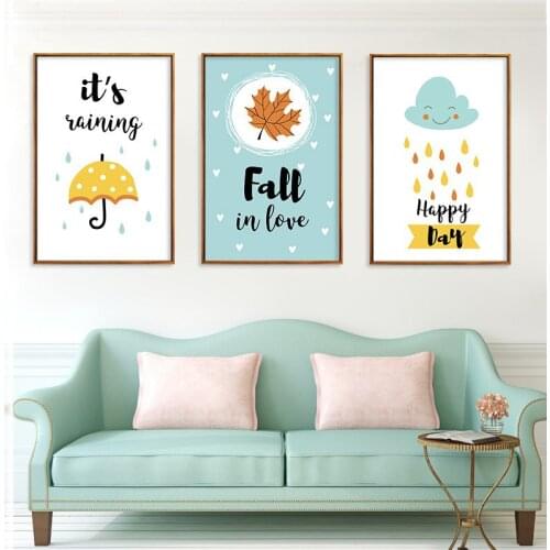 Cartoon Umbrella Cloud Rain Leaves Posters and Prints Art Canvas Painting Home Decoration Wall Pictures For Living Room