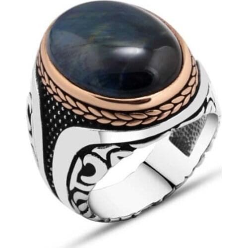 Blue Tiger Eye Stone Silver Men 'S Ring