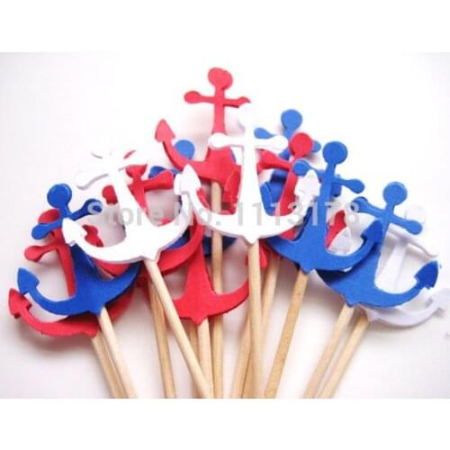 Cheap Red White Blue Anchor Party Picks - Cupcake Toppers - Toothpicks - Food Picks wedding baby shower birthday party favors