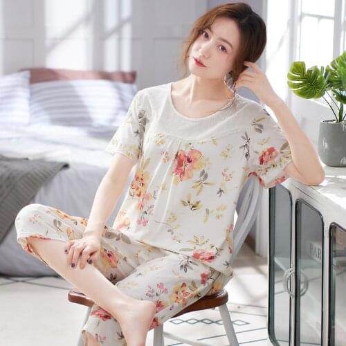 Women 2PCS Print Calf-Length Pants Pajamas Sets Mother Modal Pyjamas Suit Sleepwear Nightwear Summer Loose Home Clothes