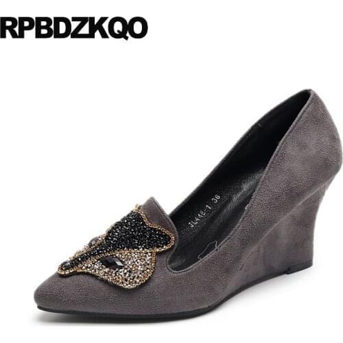 Slip On Casual Shoes Women Crystal Rhinestone Diamond 2021 Pointed Toe 8cm Suede Pumps Wedge Wine Red High Heels Fashion Gray