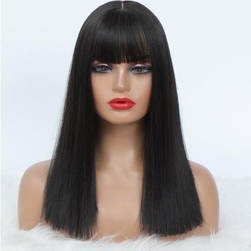 Beauebony Synthetic Wig With bangs Long Hair Straight Long Black Wigs For White Women 16Inch Cosplay Wig Daily Use Synthetic Wig