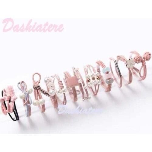 12pcs/lot Korean Nylon Elastic Hair Bands Set Pearl Head Accessories Pink Women Ponytail Scrunchy Holder Rope Girl Bow Hair Ties