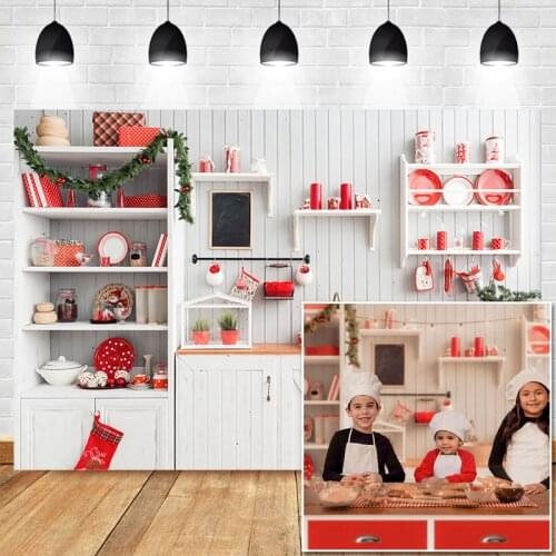 Christmas Kitchen Photography Background Family Party Children Photo Props Studio Booth Background Cupboard Tableware Decor