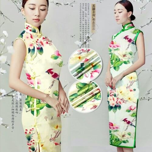 PRINTED SILK STRETCH SATIN 118cm width 19momme Pure Silk Fabric China Qipao Fabrics Sewing Material