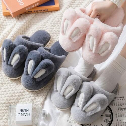 Cute Rabbit Ear Winter Faux Fur Women Home Slippers Couple Comfortable Warm Plush Bedroom Slipper Non-slip Unisex Family Slipper