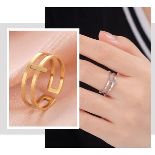 Teamer Simple Cross Ring Women Girls Men Korean Open Finger Rings Stainless Steel Jewelry Religious Gifts for Friends 2021