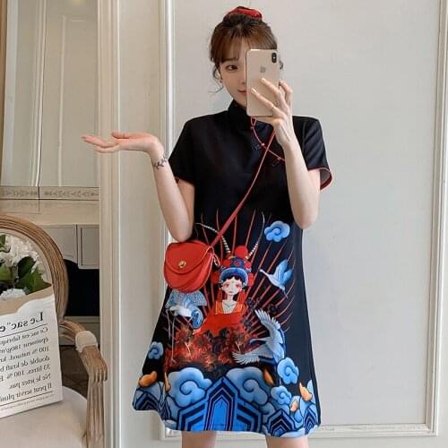 Traditional Chinese Hanfu Qi Pao Women Retro Cheongsam Girl Japanese Harajuku Style Vintage Opera Print Party Qipao Dress 11906