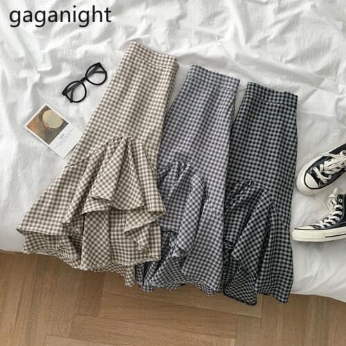 Gaganight Japan Style Women Plaid Ruffles Midi Skirt High Waist Lady Asymmetrical Vintage Skirts Chic Fashion Casual Faldas New