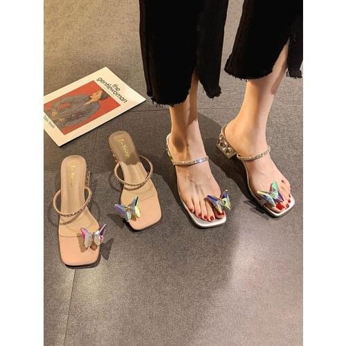 Womens Shoes Slippers Outdoor Summer 2021 New Style Butterfly Set Toe Crystal Heel Fashion High Heel