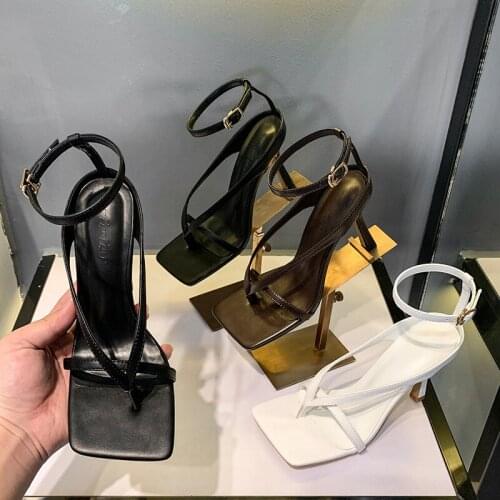 2021 New fashion womens shoes Europe and the United States with square toe sandals black buckle stiletto heels