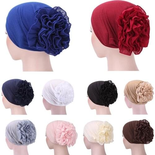 Women Elastic Turban Hat Big Flower Muslim Hat Solid Color African Head Wrap Hijab Cotton Baotou Cap Lady Chiffon Flower Hat