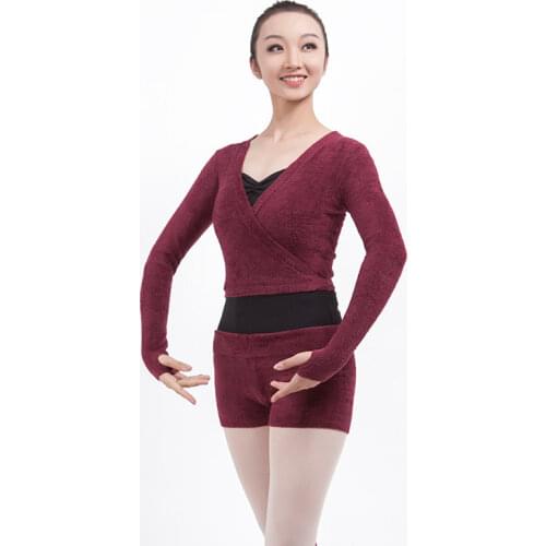 Adult Womens Long-sleeve Ballet Dancing Soft Knitted Warm Top and Shorts Two-piece Set Ballerina Practice Dancewear