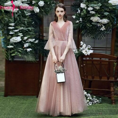 Beauty-Emily Romantic V Neck Sleeveless Bridesmaid Dress 3 Colors Available 2020 A-Line Vestido De Festa De Casamen Party Dress