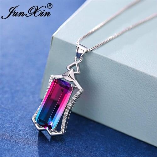 Gradient Crystal Geometric Rectangle Pendant Wedding Necklaces For Women Silver Color Blue Green Red Zircon Necklace Jewelry