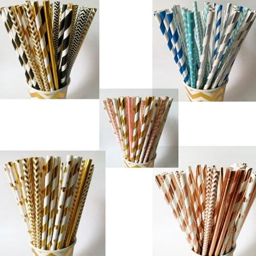 Biodegradable Rose Gold Paper Straws Bulk,25Pcs Metallic Foil Striped/Wave Drinking Straws for Birthday, Wedding, Party Supplies