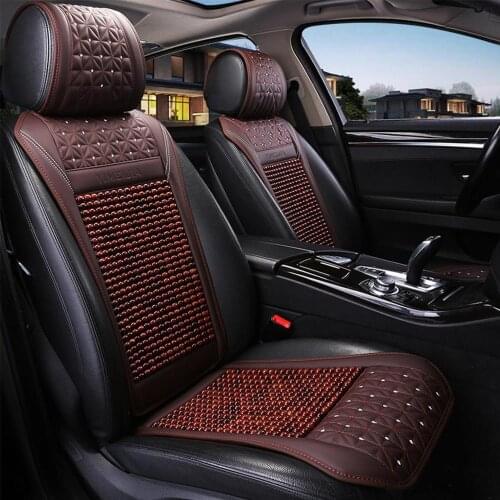 Car Seat Cover Summer Cool Leather Breathable Car Wooden Bead Seat Cushion Handmade Auto Seat Mat Pad Universal Auto Accessories