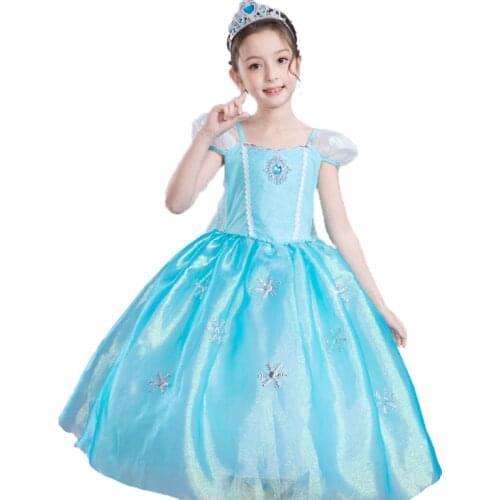 4-10T Girls Elsa Dress Snow Queen Clothes Cartoon Party Cosplay Costume Kids Puff Sleeve Glitter Cloak Princess Dress with Cape