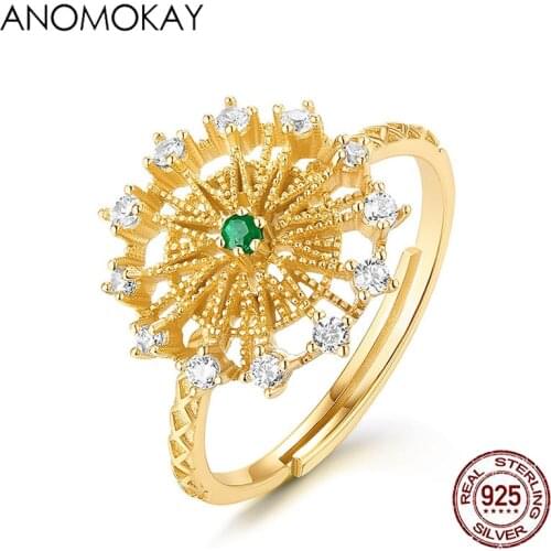 Dropshipping HOT Sparkling Green CZ Hollow Ferris Wheel Shape Gold Color Rings Full with White CZ 925 Silver Resizable Ring Gift
