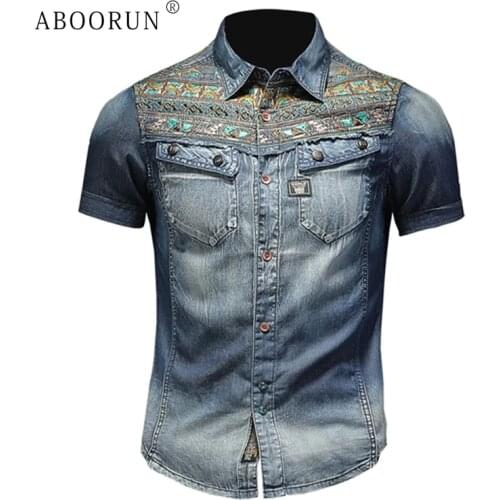 ABOORUN Mens Summer Denim Shirts National Embroidery Patchwork Denim Shirts Casual Cotton Shirts for Male