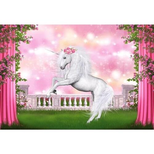 Gradient Photpgraphy Background White Unicorn Baluster Green Lawn Pink Curtain Backdrop For Girls Birthday Party Photo Props