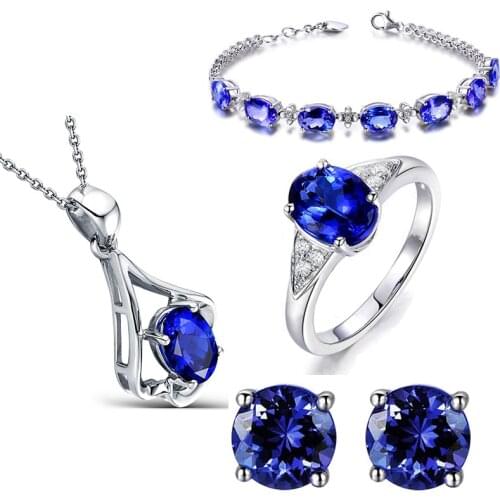925 Silver Jewelry Set Stud Earrings Rings Necklace Bracelet with Sapphire Gemstone Accessories for Women Wedding Promise Party