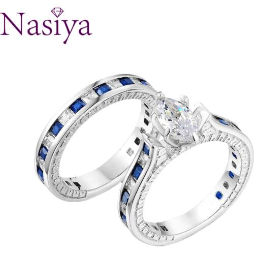 Nasiya 925 Sterling Silver Ring Fashion Luxury White Blue Zircon Rings Set for Women Fine Wedding Engagement Party Jewelry Gift