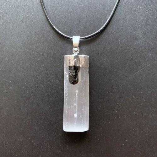 Natural Selenite Crystal Tourmaline Point Pendant Necklace Black White Yin Yang Balance Healing Necklace Dropship 1pc